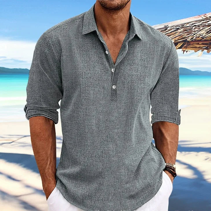Linen Cotton Long Sleeve Casual Beach Shirt - Turn-Down Collar Social Blouse for Streetwear