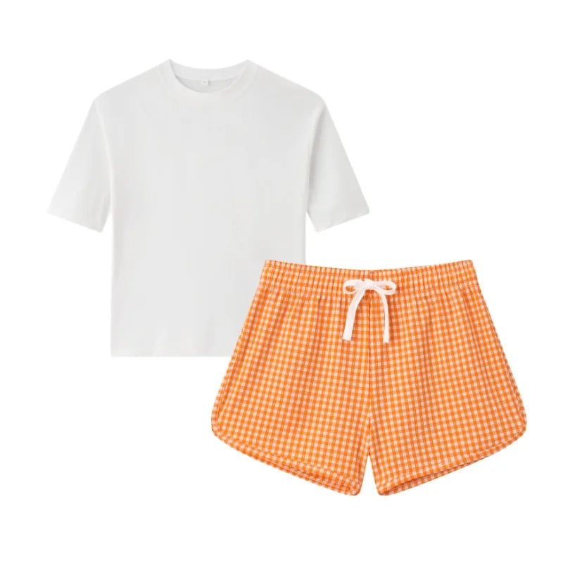 Fast-Dry Unisex Kids Swimsuit - One-Piece Gingham Plaid, Polyester, For Summer Vacation