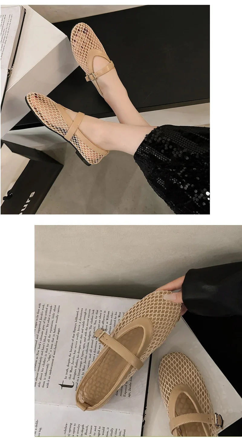 Women Breathable Mesh Ballet Flats - Strappy Round Toe