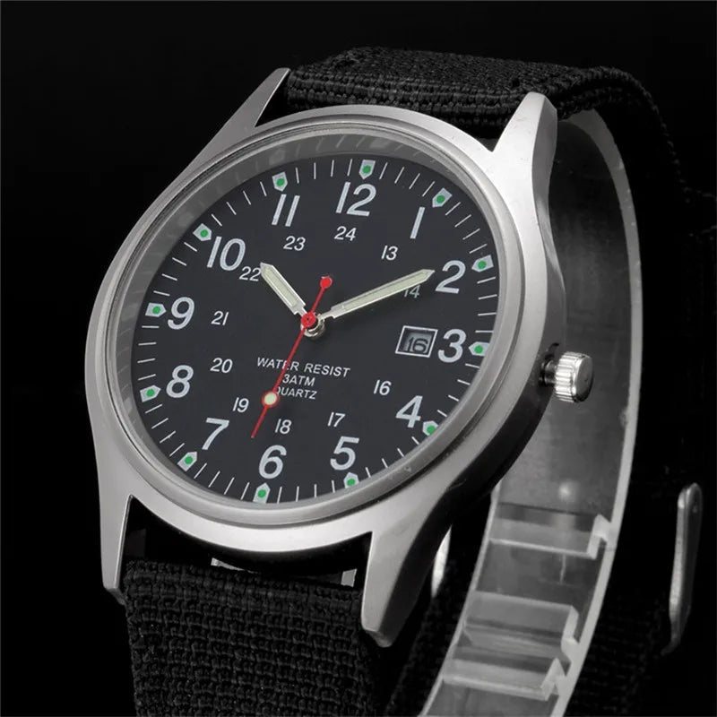 Field Quartz Watch Nylon Strap Military Style Date Luminous