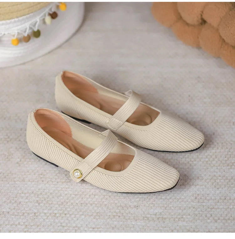 Women Stretchy Mary Jane Flats - Ribbed Knit For Spring