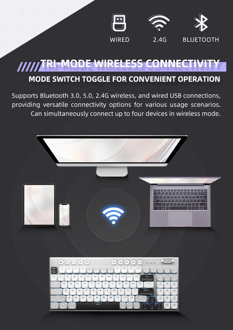 Cordless Low Profile Mechanical Keyboard 98 Keys PBT