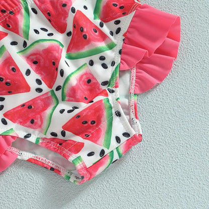 Plush girls' bikini swimsuit - halter-neck ruffle crop top, mermaid scale print, shorts, polyester, for summer vacation