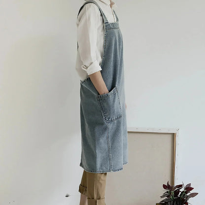 Apron Denim Washed Cotton Canvas Korean Dress Apron Fall 2025 Kitchen Garden Cooking Apron With Pockets