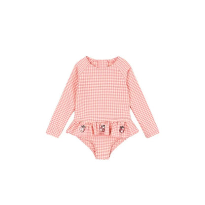 long sleeve one-piece, plaid print, strawberry sequin accents, polyester, nylon, for summer – Light Girls Swimsuit