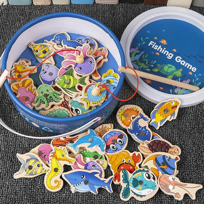 Montessori Interactive Wooden Fishing Game - Magnetic Marine Life Learning Toy for Kids, Parent-Child Engagement, Eco-Friendly Design