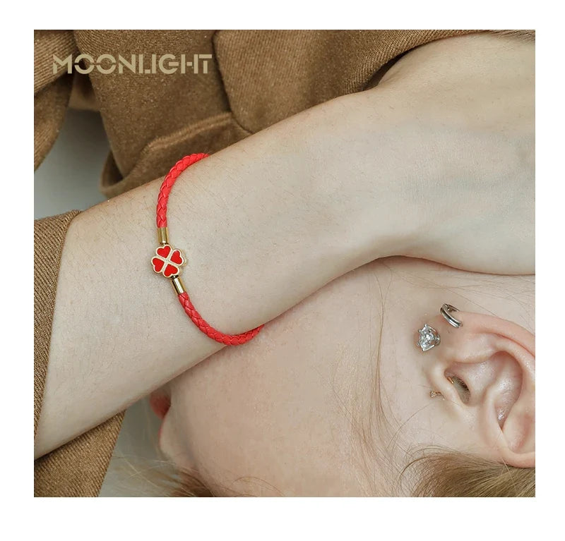 Leaf Four Clover Braided Leather Lucky Bracelet Gift