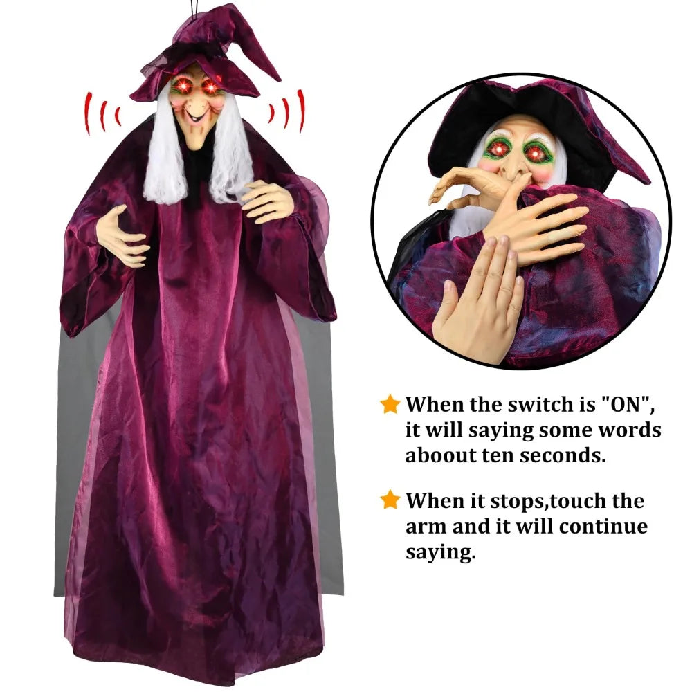 Sound-Activated Halloween Witch with Glowing Eyes and Screeching Sound for Indoor and Outdoor Decor – 6-Foot Life-Size Animated Talking Witch in Purple