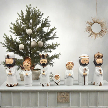 Nativity Kit Resin 7 Piece White Gold Christmas Nativity Figurines For Tabletop Decor Holiday Gift Idea