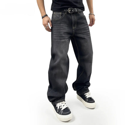 Men's Oversized Jeans - Straight Cut, Washed Denim, Autumn