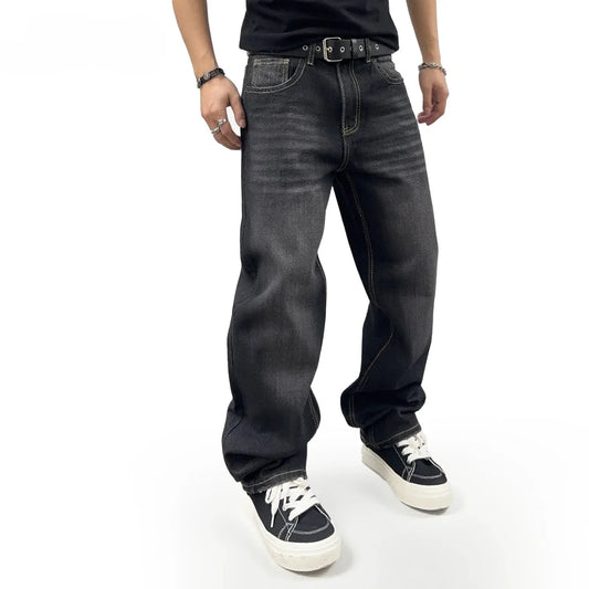 Men's Oversized Jeans - Straight Cut, Washed Denim, Autumn