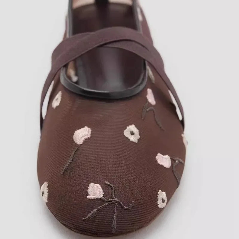 Light Women Ballet Flats - Mary Jane, Embroidered Mesh