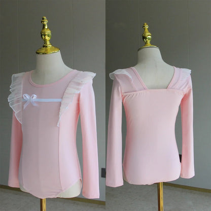Light girls ballet leotard set - puff-sleeve top, tulle tutu skirt, polyester, for dance class