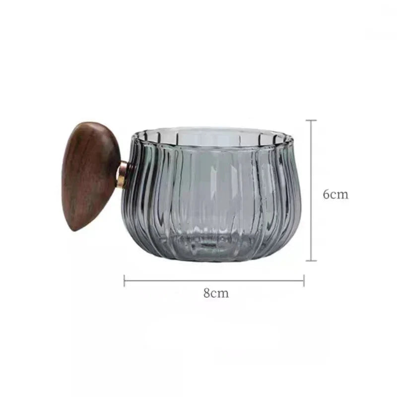 Heat-resistant Stripe Glass Coffee Mug 200ml with Wooden Handle for Latte, Milk, Tea