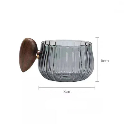 Heat-resistant Stripe Glass Coffee Mug 200ml with Wooden Handle for Latte, Milk, Tea