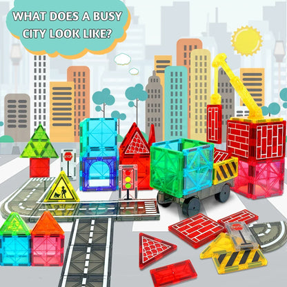 Magnetic Building Blocks Road Kit with Cars - Fun Construction Toy for Boys & Girls, Ideal Christmas & Birthday Gift for Toddlers