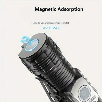 Tactical LED Mini Flashlight - USB Battery-Powered 5 Modes Work Light for Hiking, Camping, Car Repair, Travel-Friendly Torch with Clip & Magnet