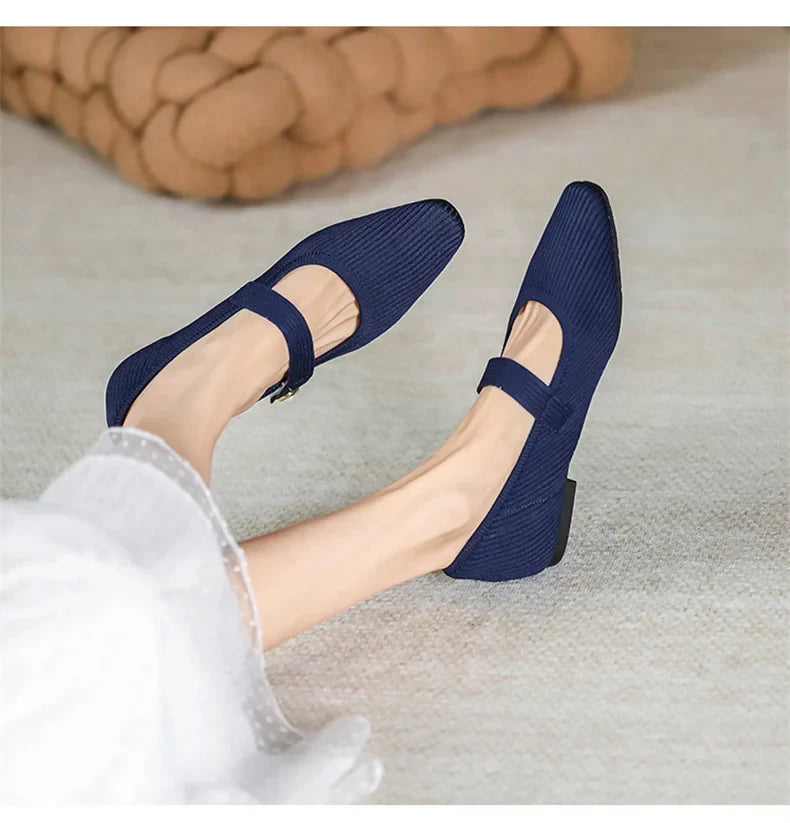 Women Stretchy Mary Jane Flats - Ribbed Knit For Spring