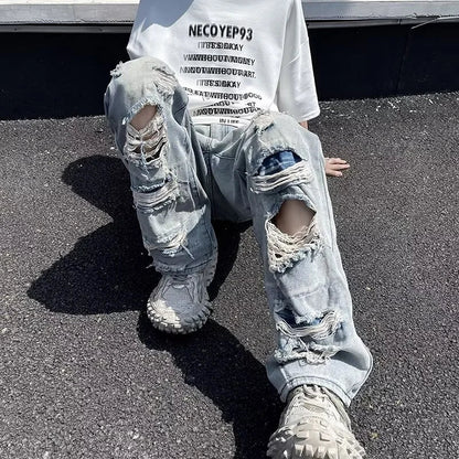 Relaxed Oversized Mens Jeans - Ripped Straight Leg Denim