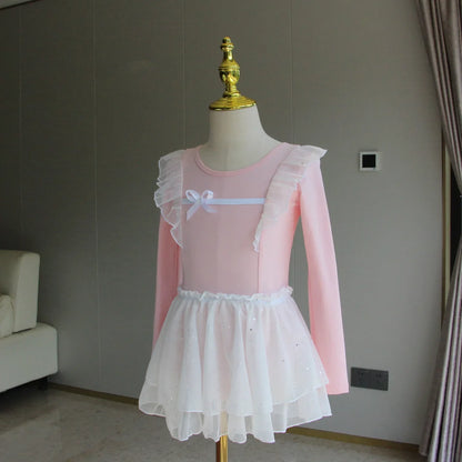 Light girls ballet leotard set - puff-sleeve top, tulle tutu skirt, polyester, for dance class