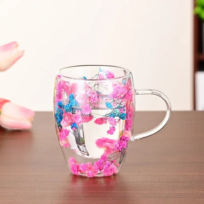 Wall Double Glass Cup with Handle Dried Flower Decorated Ins Style Mug 300ML