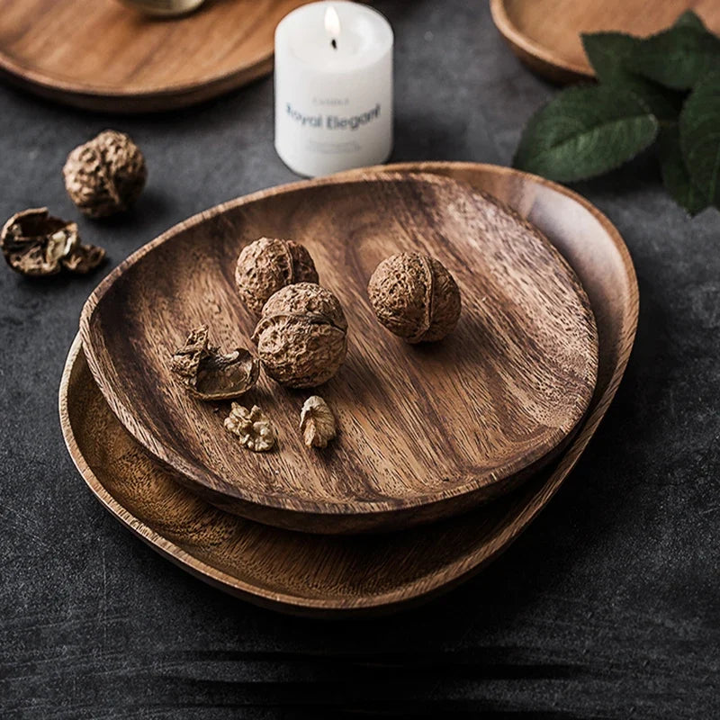 Wooden 5Pcs Storage Tray - Acacia Wood Irregular Oval Tableware, Solid Food Container