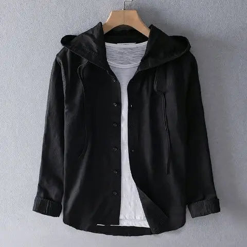 Summer Spring Solid Color Hooded Cotton Hemp Shirt Man Casual Cardigan