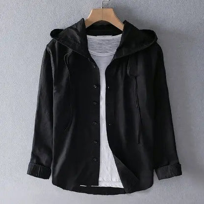 Summer Spring Solid Color Hooded Cotton Hemp Shirt Man Casual Cardigan