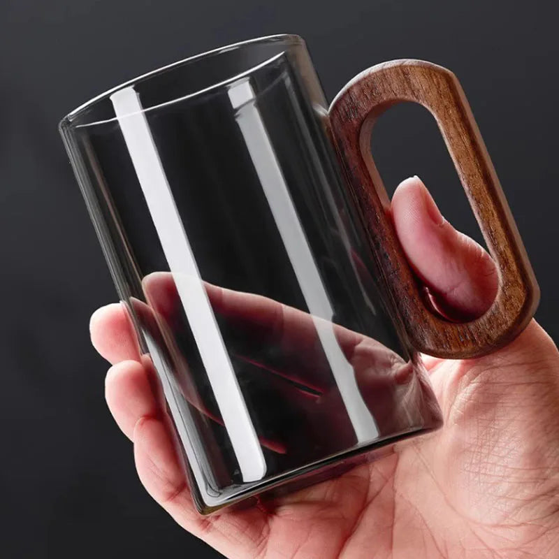 High 360ML Borosilicate Glass Wood Tea Cup - Large Capacity Drinking Coffee Mug