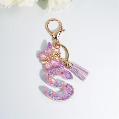 Letter Sequin Keychain With Butterfly Tassel Charm