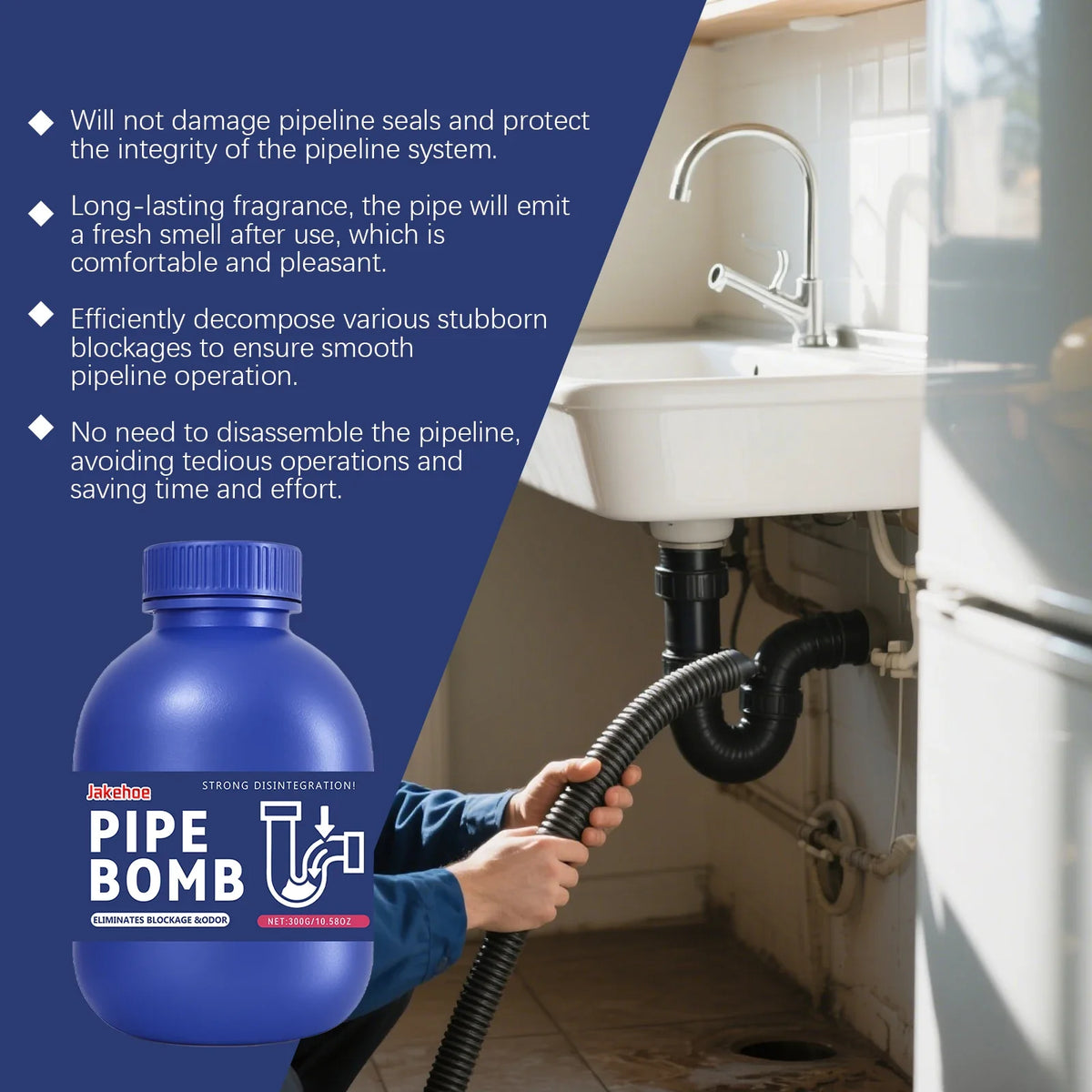 Cleaner Drain Powder 300g Fast Acting Pipe Unblocker For Hair Grease And Food Waste Septic Safe Odor Eliminator