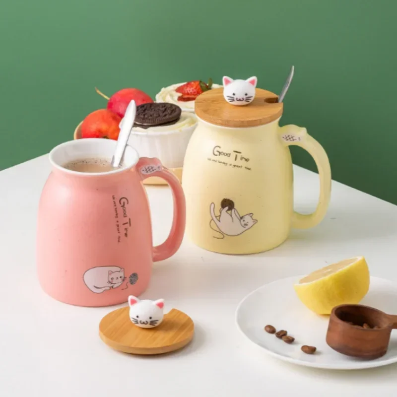 Mug Ceramic With Wooden Lid And Spoon Cute Cartoon Cat Design Gift Ready Spring 2026 Kitchen Essential