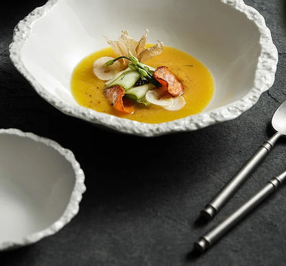 White Porcelain Rock Edge Soup Bowl Contemporary Tableware