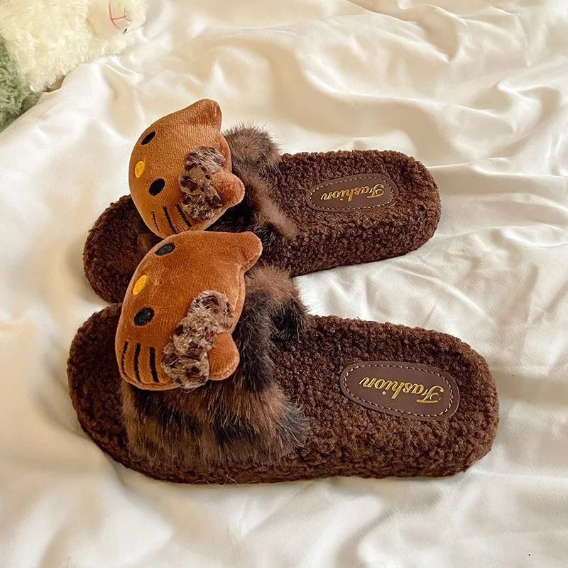 Plush girls' slippers - cozy leopard-print plush fur, polyester, indoor wear, gift