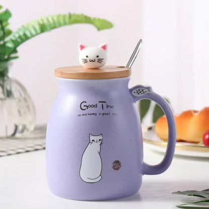 Mug Ceramic With Wooden Lid And Spoon Cute Cartoon Cat Design Gift Ready Spring 2026 Kitchen Essential