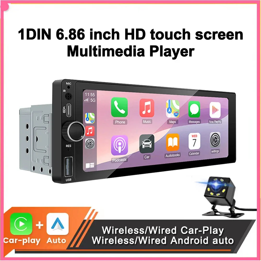 Car Stereo 6.86 Inch Touchscreen Universal MP5 Head Unit Fall 2025 Cordless CarPlay Android Auto