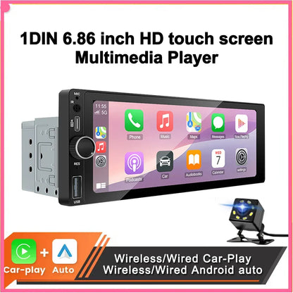 Car Stereo 6.86 Inch Touchscreen Universal MP5 Head Unit Fall 2025 Cordless CarPlay Android Auto