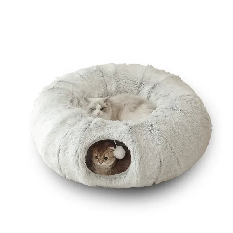 Cat Plush Bed with Tunnel - Fluffy Donut Cat Bed for Indoor Cats, Cozy Multifunctional Tunnel with Peephole