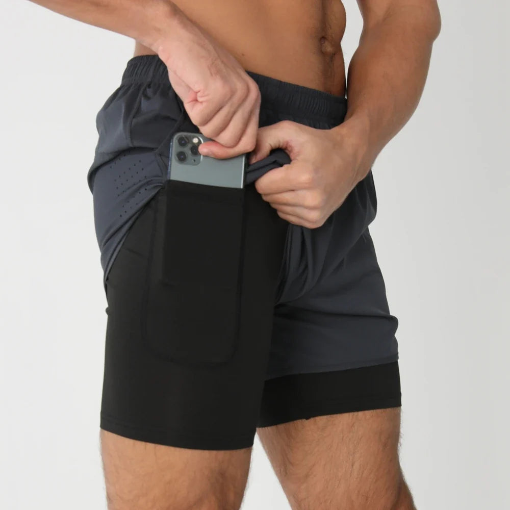 Fast-dry men's 2-in-1 running shorts - lightweight lined, polyester, for gym and summer training