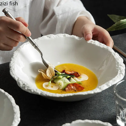 White Porcelain Rock Edge Soup Bowl Contemporary Tableware