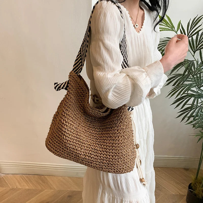 Straw2026 Edition Beach Bag - Large Capacity Woven Tote With Knot Shoulder Straps, Summer