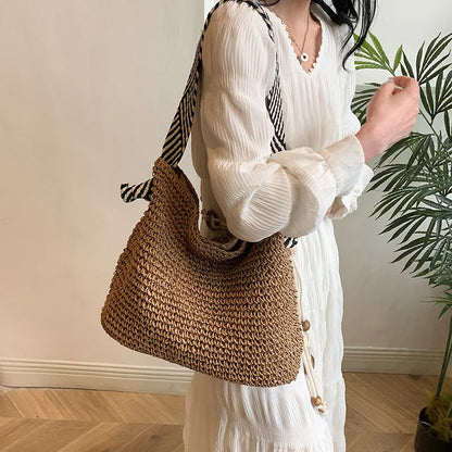 Straw2026 Edition Beach Bag - Large Capacity Woven Tote With Knot Shoulder Straps, Summer