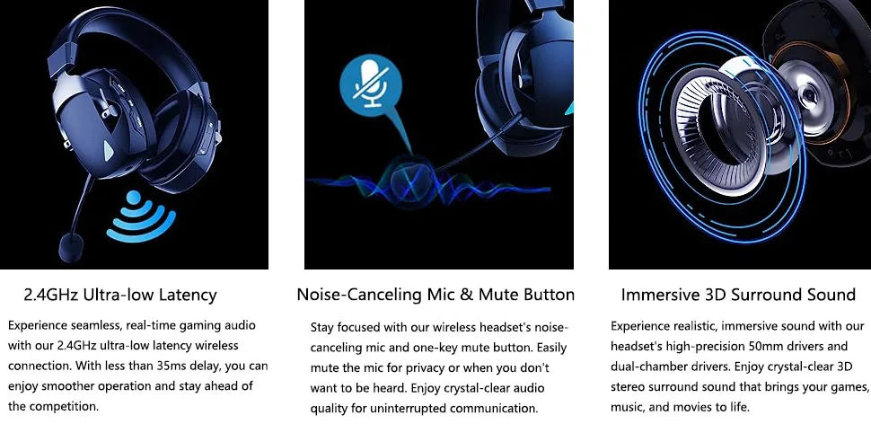 Cordless Gaming Headset Detachable Mic Multi Mode Comfort
