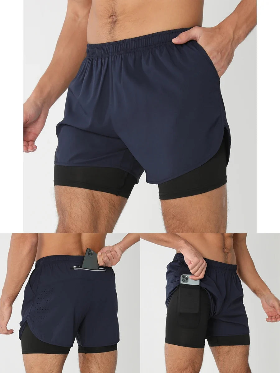 Fast-dry men's 2-in-1 running shorts - lightweight lined, polyester, for gym and summer training