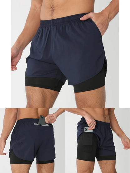 Fast-dry men's 2-in-1 running shorts - lightweight lined, polyester, for gym and summer training