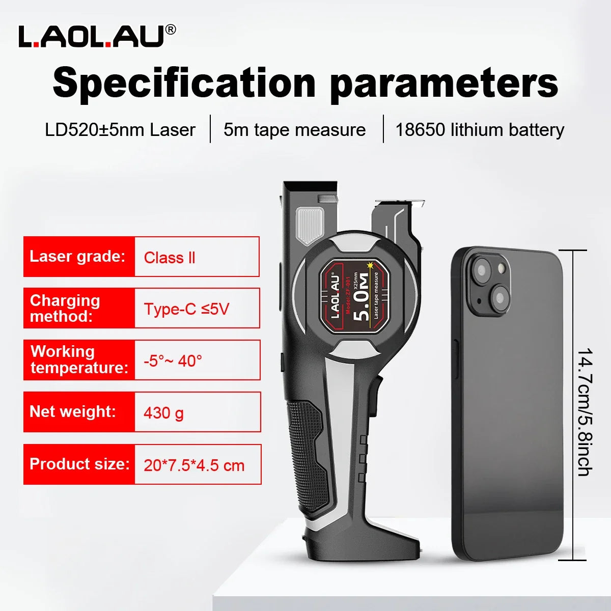 Type-C Battery-Powered Class II Laser Auto-Lock Device 2026 – LAOLAU 2-in-1 Laser Tape Measure 5M/16FT