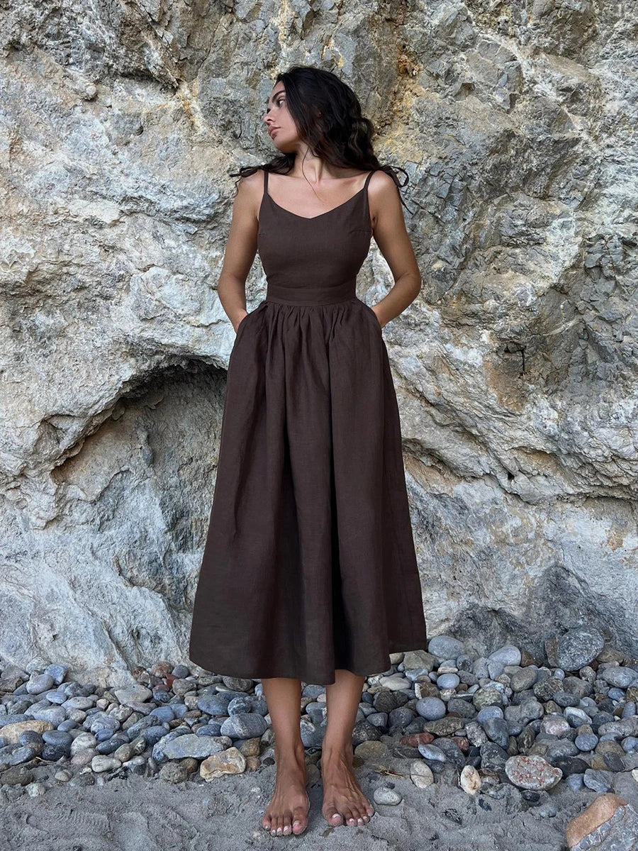 Elegant Summer Rug in Natural Linen and Cotton Blend, A-Line Design, Backless with Adjustable Straps, Ankle Length, Machine Washable-6