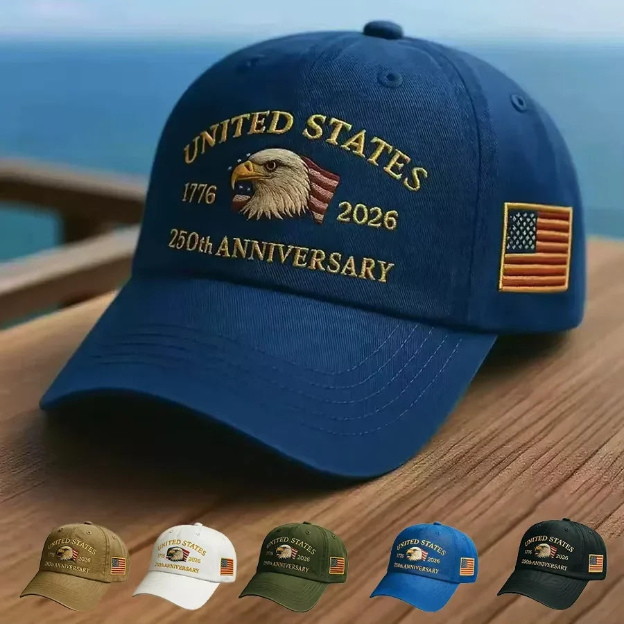 unisex Breathable baseball cap - Eagle-embroidered, flag-patch, six-panel curved-brim, cotton crown, 250th anniversary