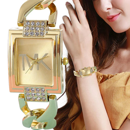 Watch Women's Gold Tone Square Dial, Elegant Alloy Band With Crystal Accents, Summer 2026 Gift