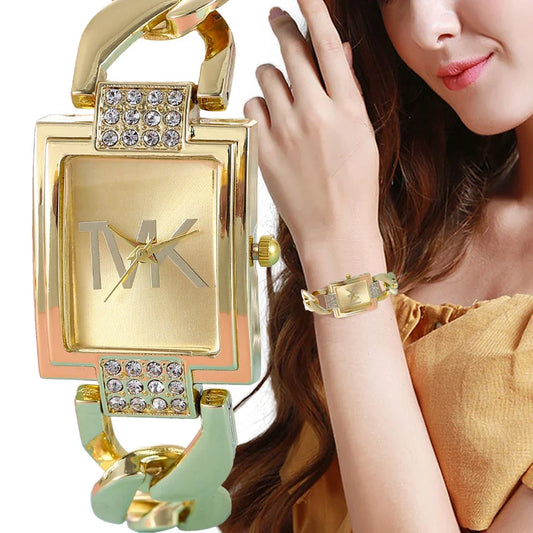 Watch Women's Gold Tone Square Dial, Elegant Alloy Band With Crystal Accents, Summer 2026 Gift